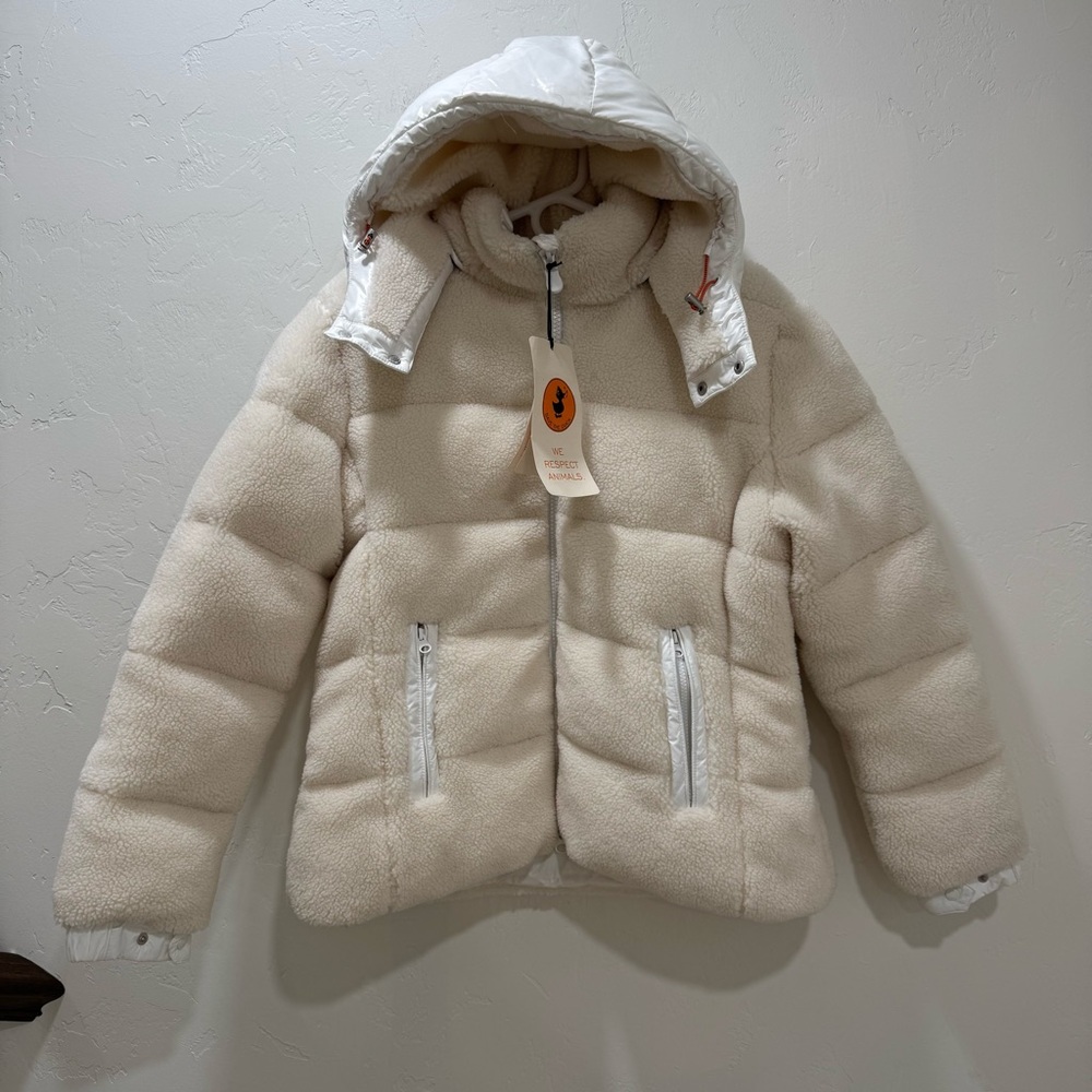NWT Save the Duck Bertha Fleece Puffer Coat Cream Off White Women's Large - Picture 3 of 16